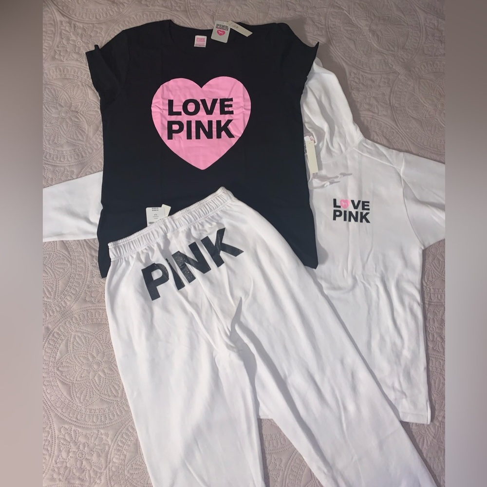 Victoria’s Secret Pink Originals M White Pullover Hoodie Campus Sweats & Tee SET